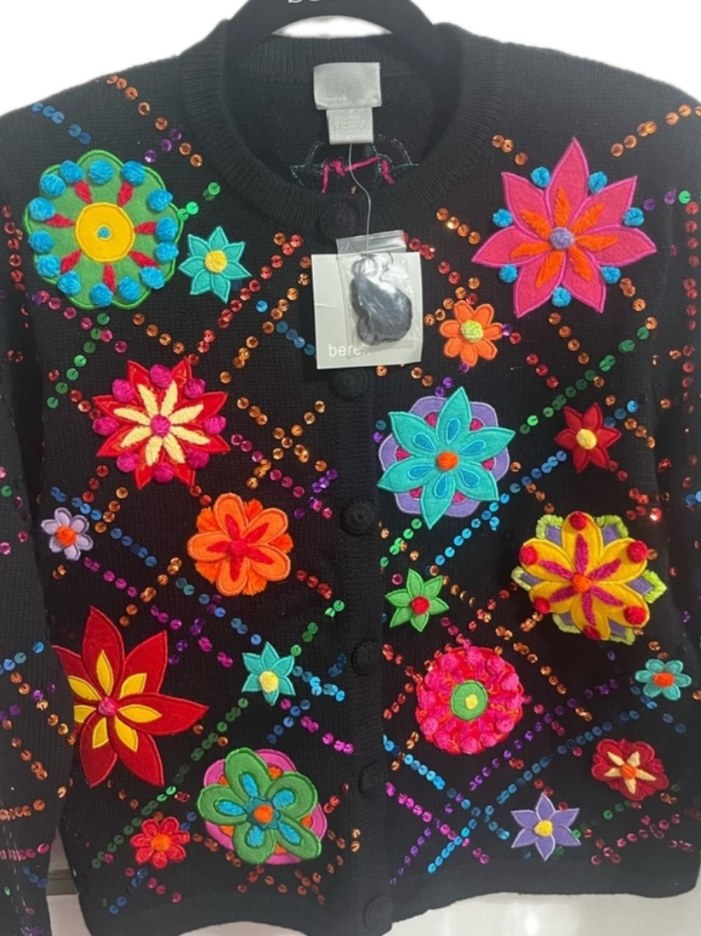 NEW BEREK Sequin Floral flower Vintage Colorful Cardigan designer BUTTON Sweater